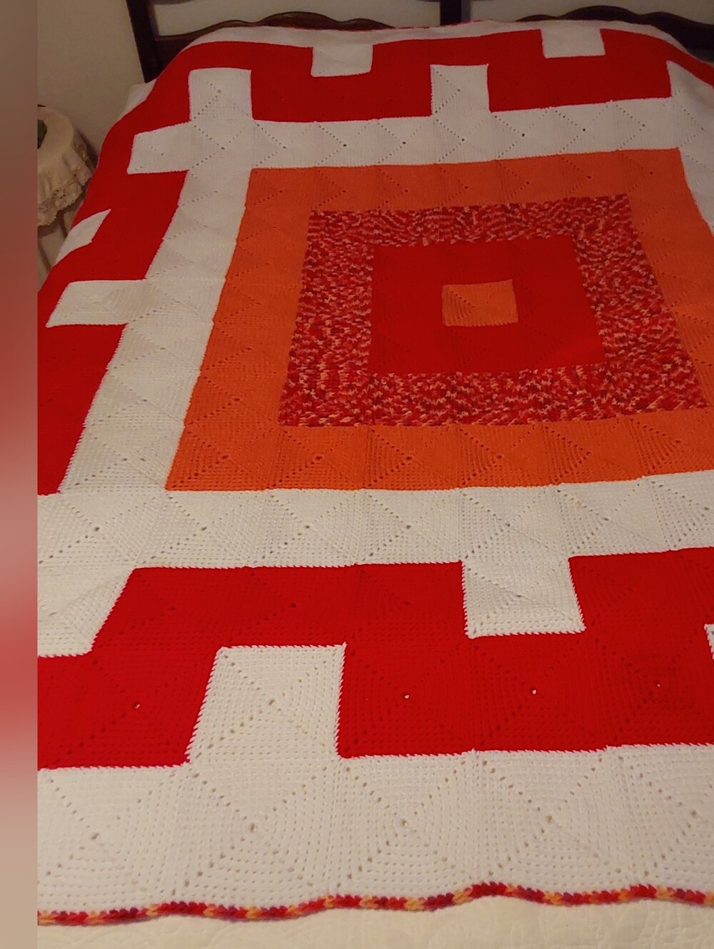🌺 NEW Handmade Orange, Red & White Geometric Afgan/Bedspread